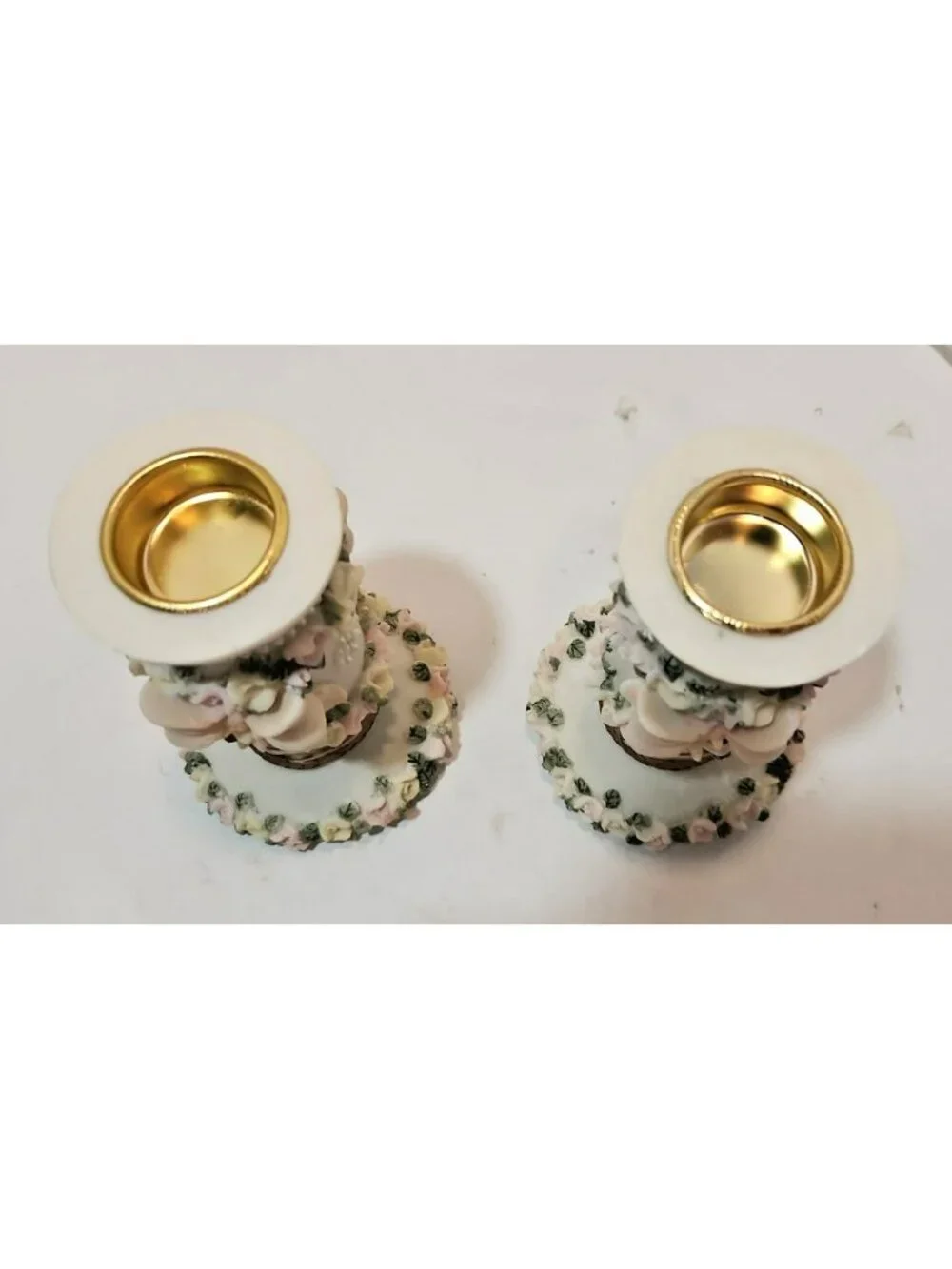 Pair of Sculpted Flower and Bows Ceramic Candlestick Holders Pastels Weddings